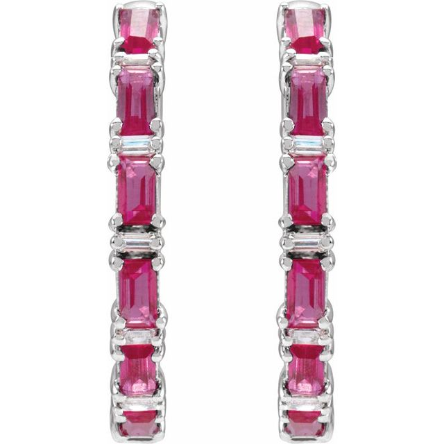 14K White Natural Ruby & 1 1/4 Natural Diamond Hoop Earrings