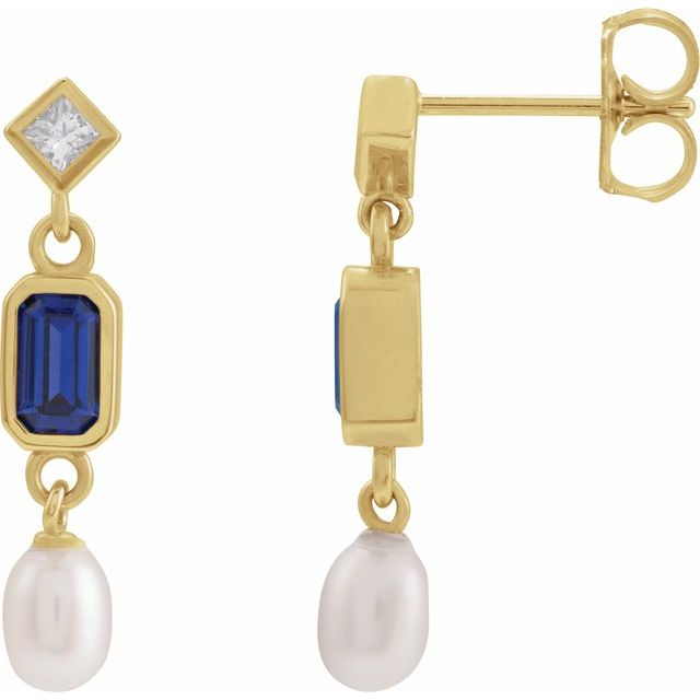 14K Yellow Lab-Grown Blue Sapphire, Cultured White Akoya Pearl & .05 CTW Natural Diamond Earrings