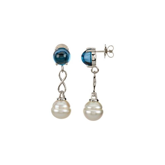 14K White Natural London Blue Topaz Semi-Set Earrings for 10 mm Pearls
