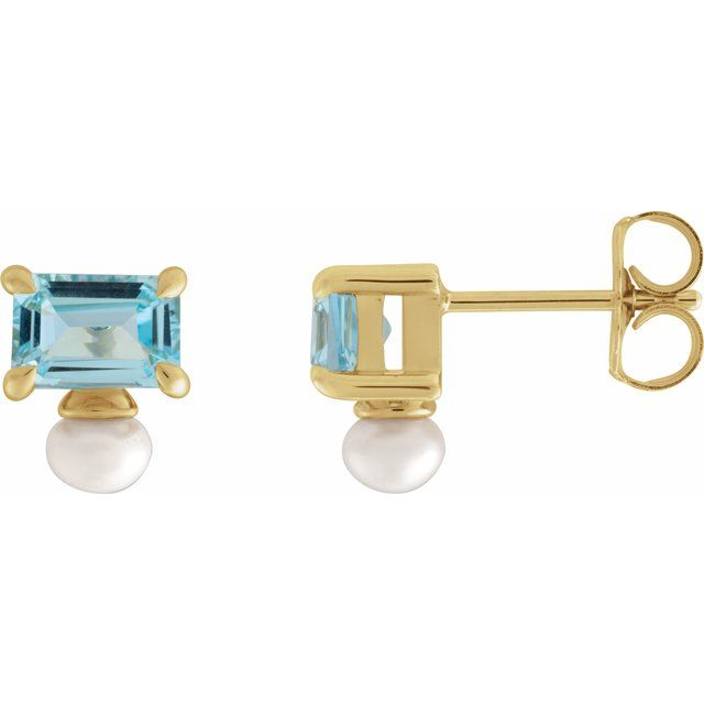 14K Yellow Natural Sky Blue Topaz & Cultured White Freshwater Pearl Earrings