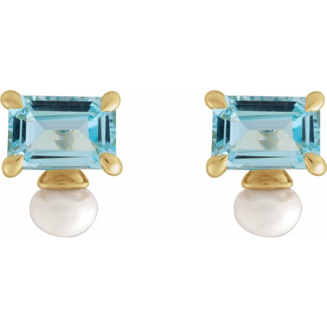 14K Yellow Natural Sky Blue Topaz & Cultured White Freshwater Pearl Earrings
