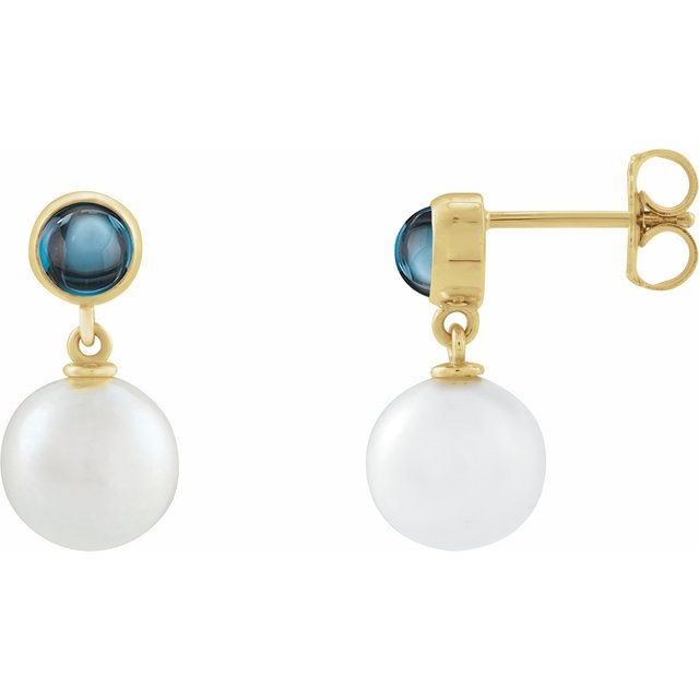 14K Yellow Cultured White Freshwater Pearl & Natural London Blue Topaz Cabochon Earrings