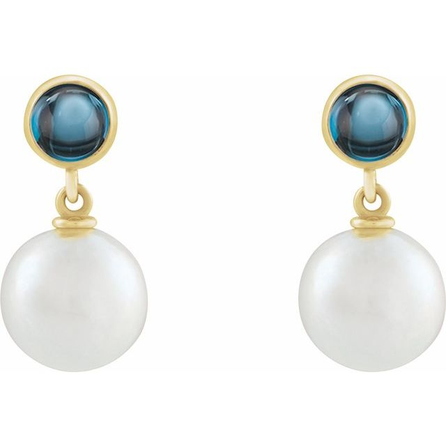 14K Yellow Cultured White Freshwater Pearl & Natural London Blue Topaz Cabochon Earrings