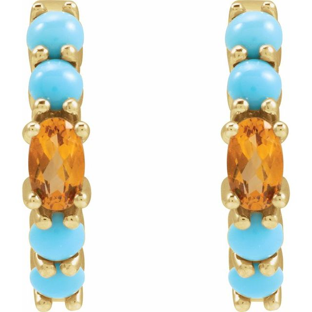 14K Yellow Natural Citrine & Natural Turqouise 19.6 mm Hoop Earrings