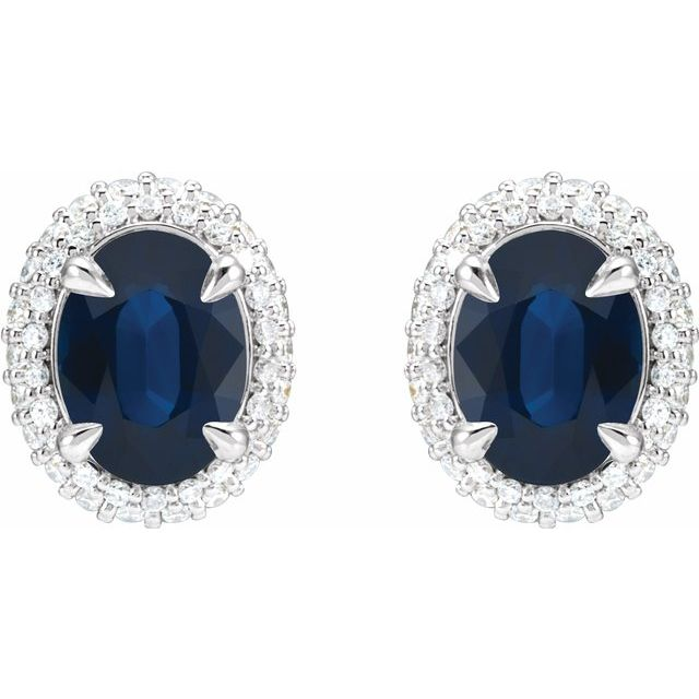 14K White Natural Blue Sapphire & 1/2 CTW Natural Diamond Double Halo-Style Earrings