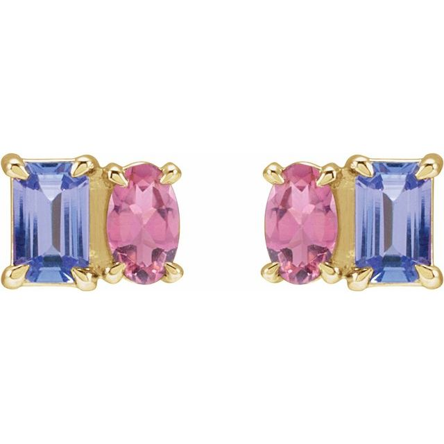 14K Yellow Natural Tanzanite & Natural Pink Tourmaline Two-Stone Stud Earrings