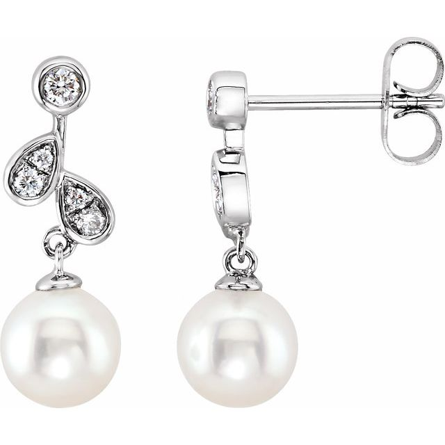 14K White Cultured White Freshwater Pearl & 1/6 CTW Natural Diamond Earrings