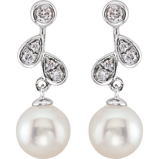 14K White Cultured White Freshwater Pearl & 1/6 CTW Natural Diamond Earrings