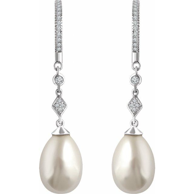 14K White Cultured White Freshwater Pearl & 1/6 CTW Natural Diamond Earrings