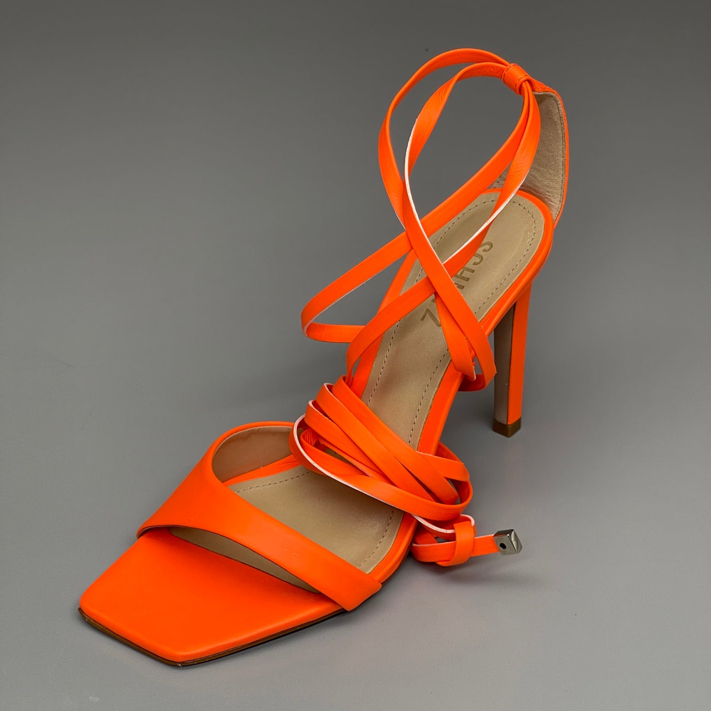 SCHUTZ Bryce Ankle Tie Women's High Heel Leather Strappy Sandal Acid Orange Sz 7 (New)
