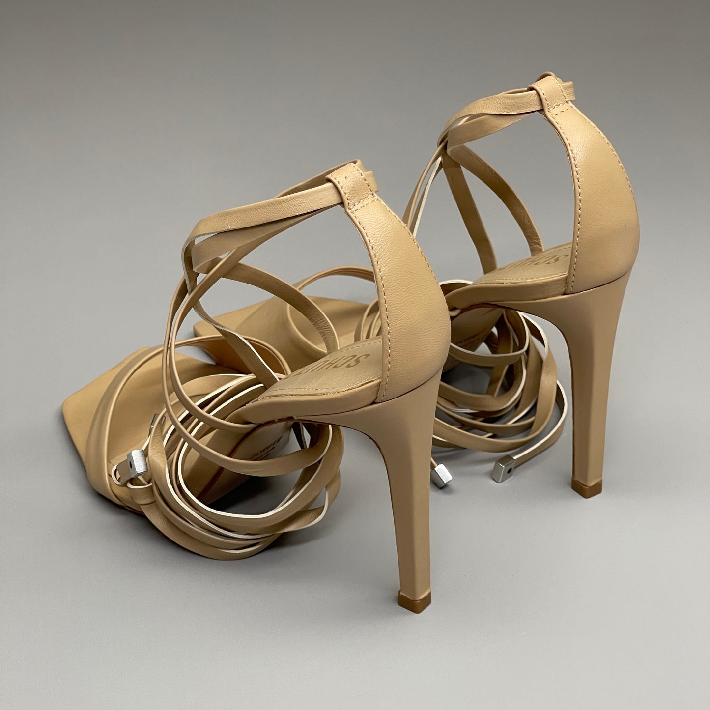 SCHUTZ Bryce Ankle Tie Women's Leather High Heel Sandal Light Nude Sz 8.5B (New)