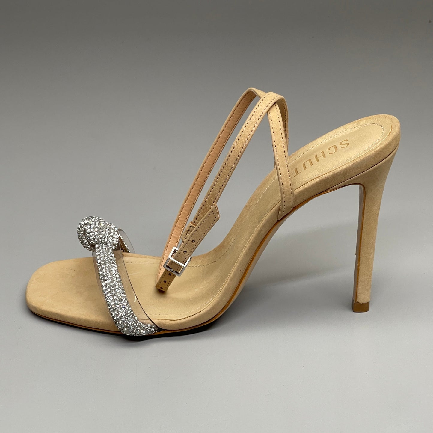 SCHUTZ Peaky Nubuck & Vinyl Multimaterial Women's Sandal Heel Light Nude Sz 10B (New)