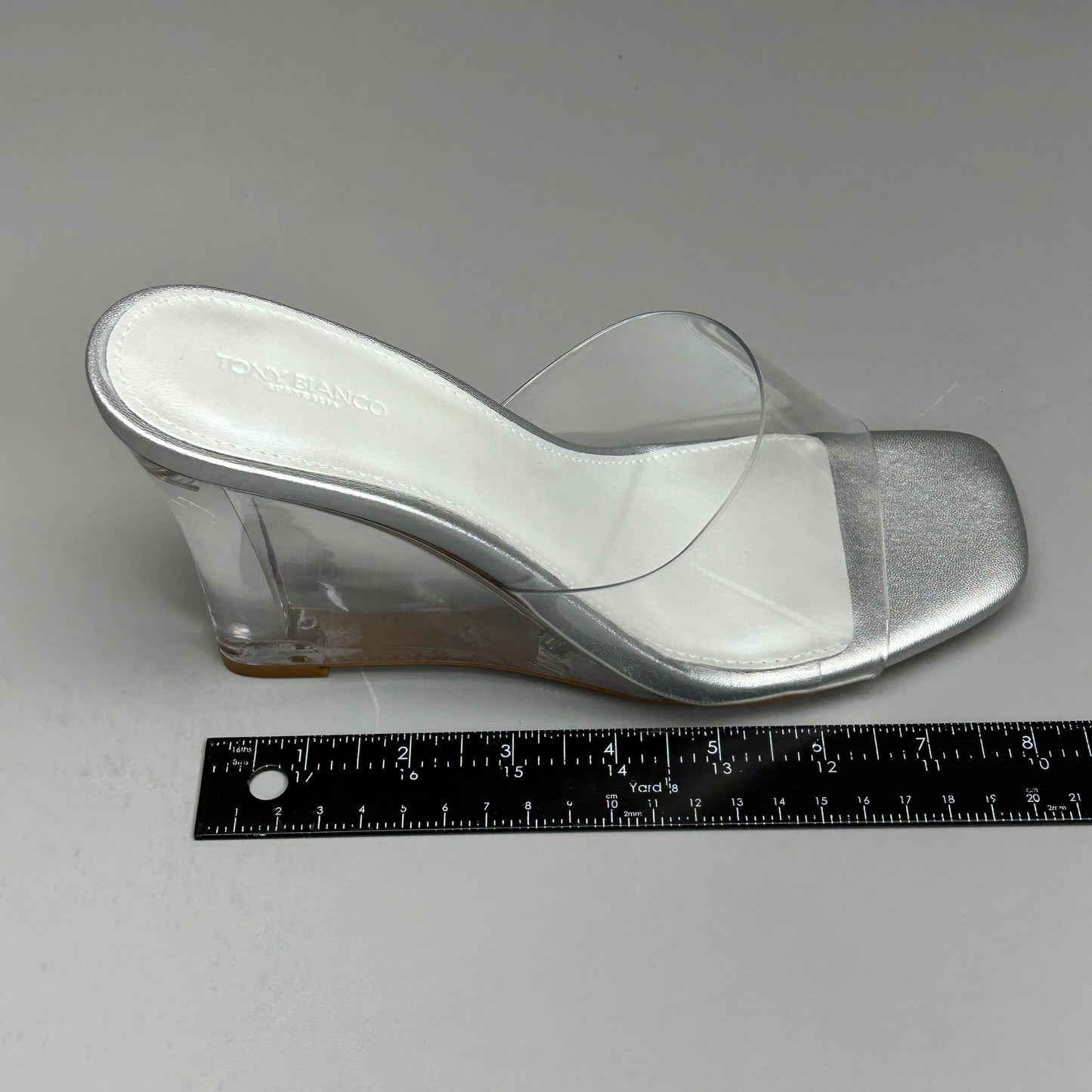 TONY BIANCO Alessi Clear Vinylite/Silver Wedges Women's Heels Sz 8.5 (New)