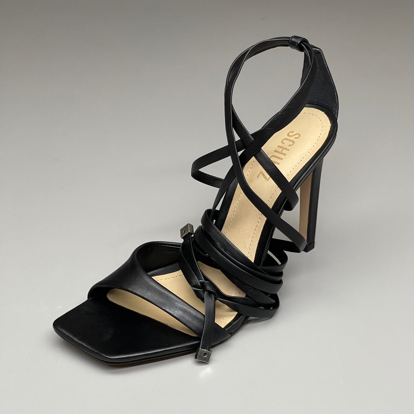 SCHUTZ Bryce Ankle Tie Women's Leather High Heel Strappy Sandal Black Sz 6B (New)