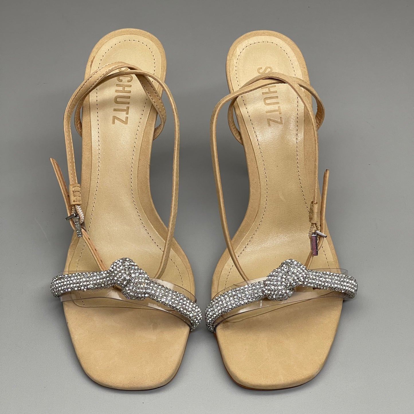 SCHUTZ Peaky Nubuck & Vinyl Multimaterial Women's Sandal Heel Light Nude Sz 10B (New)