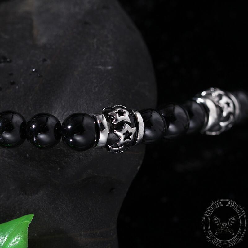 Lion Head Black Beads Chain Stainless Steel Necklace