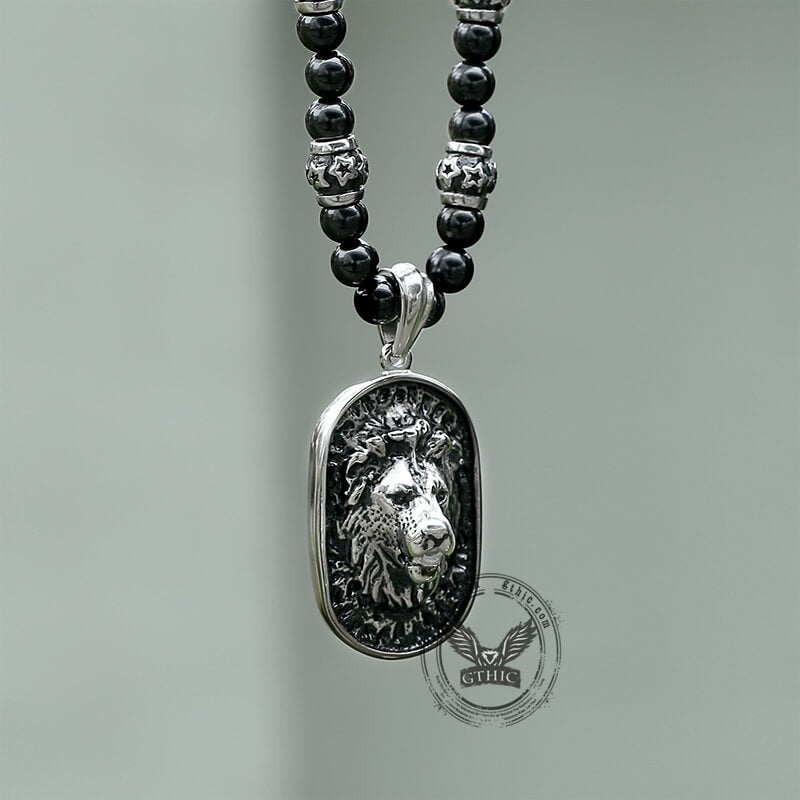 Lion Head Black Beads Chain Stainless Steel Necklace