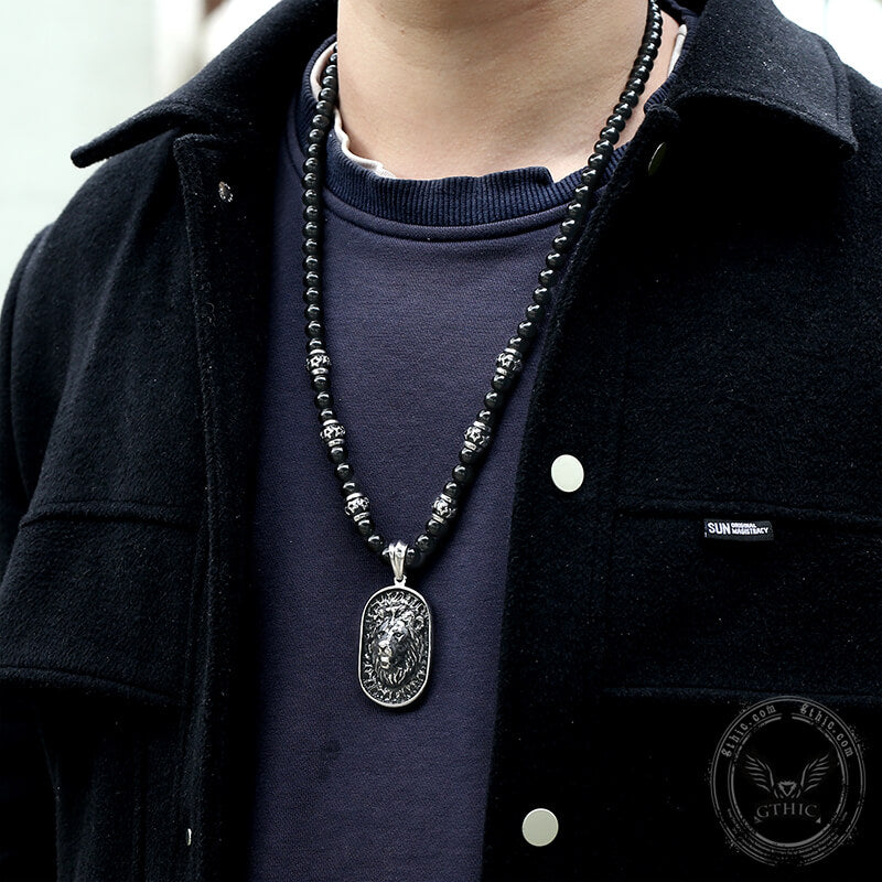 Lion Head Black Beads Chain Stainless Steel Necklace