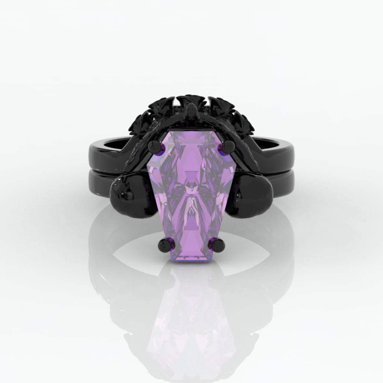 My Ever After Ring with Coffin Cut Diamond with Skulls, Bat and Roses Promise Ring