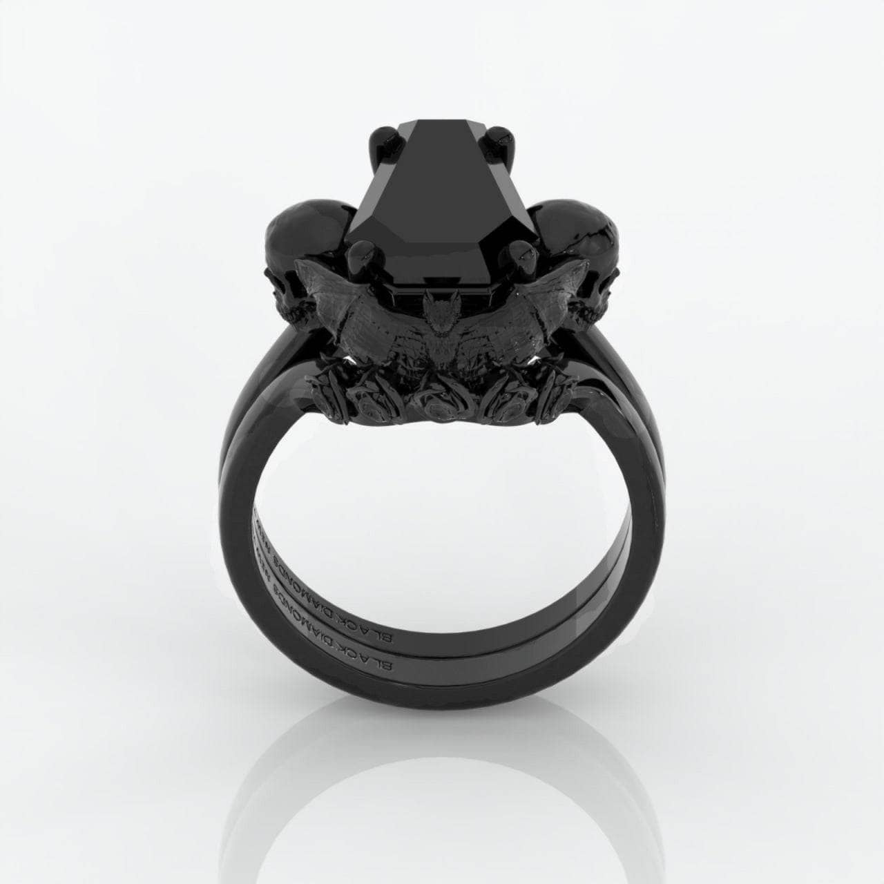My Ever After Ring with Coffin Cut Diamond with Skulls, Bat and Roses Promise Ring