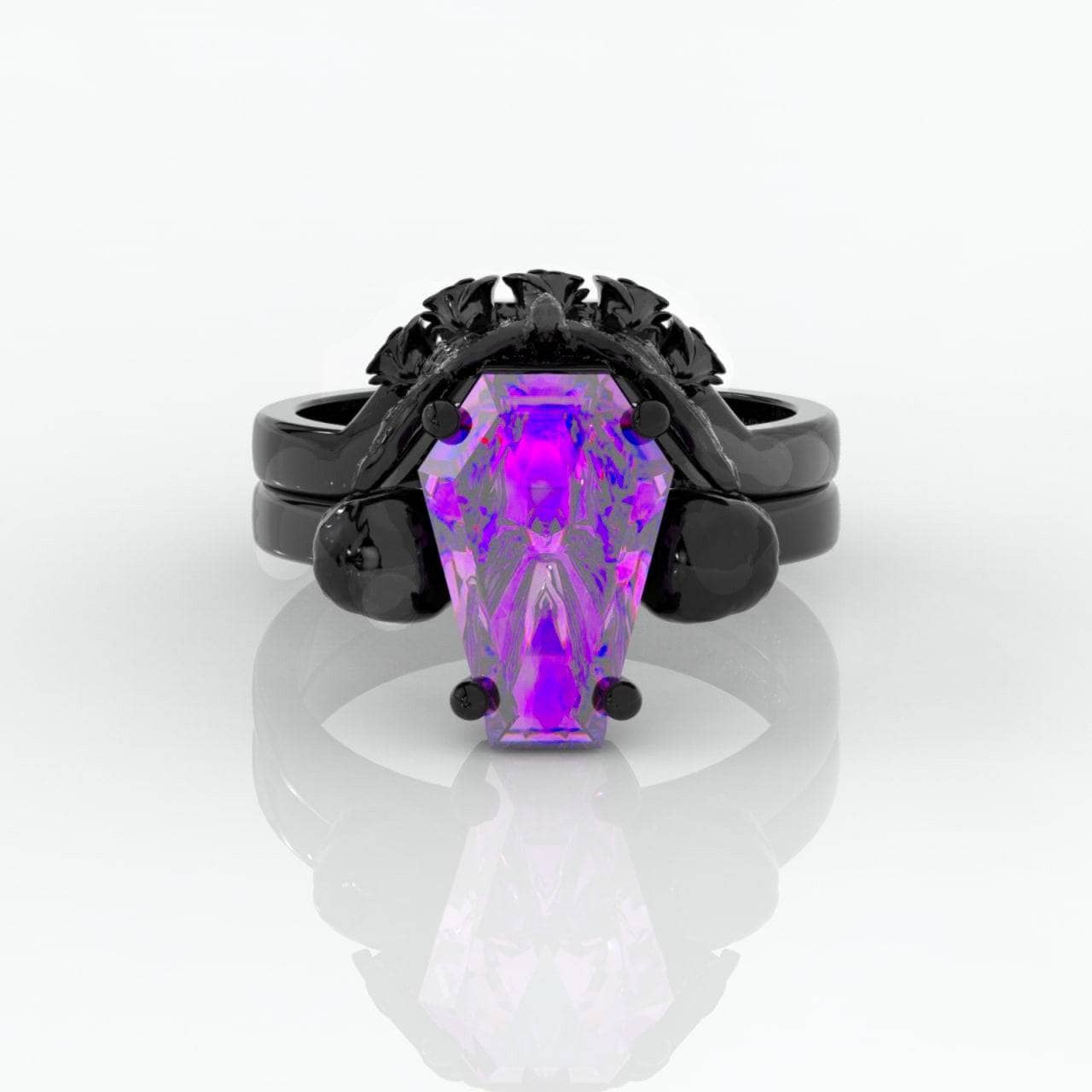 My Ever After Ring with Coffin Cut Diamond with Skulls, Bat and Roses Promise Ring
