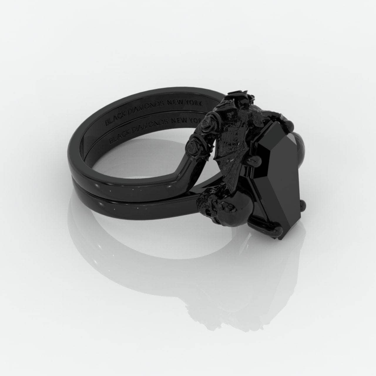 My Ever After Ring with Coffin Cut Diamond with Skulls, Bat and Roses Promise Ring