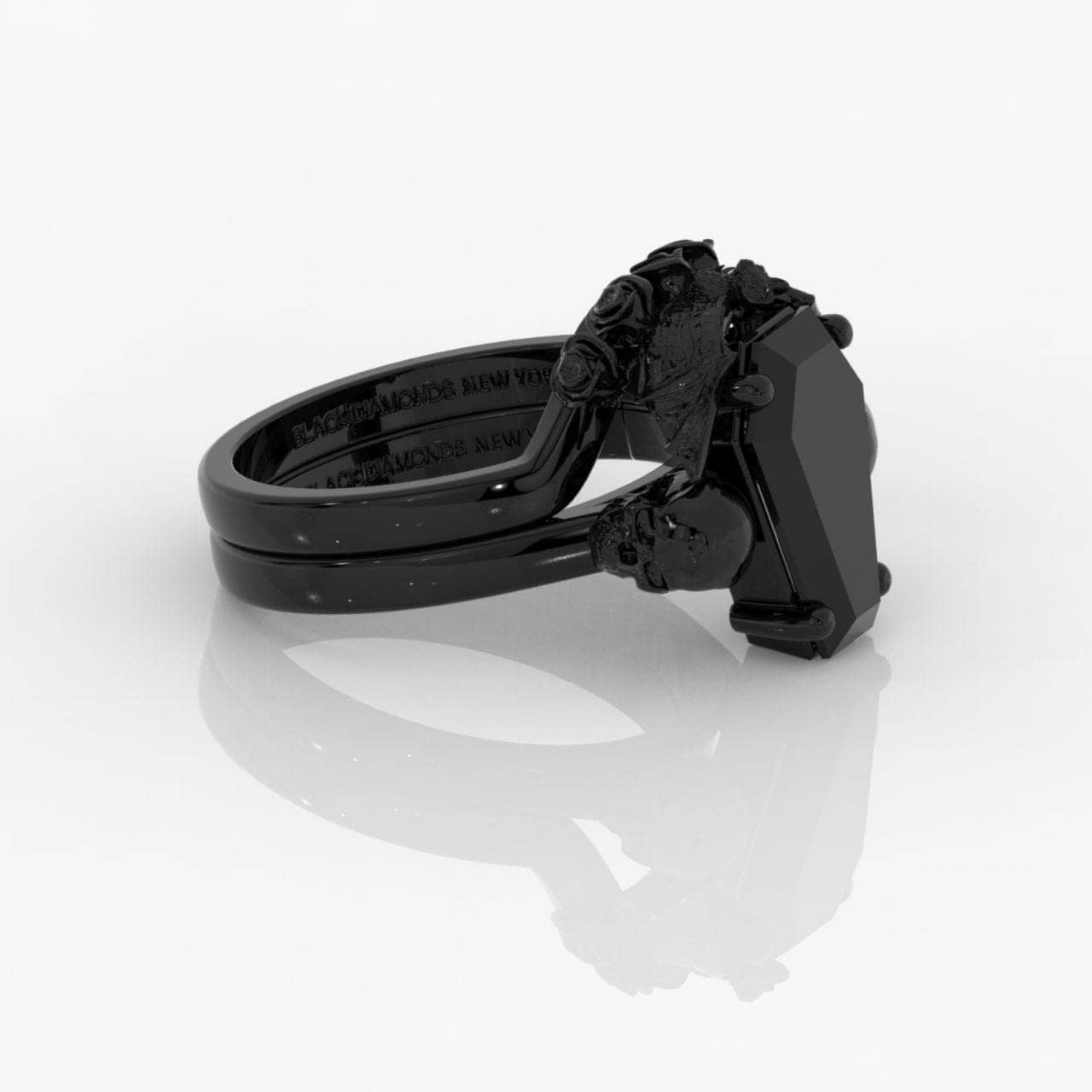 My Ever After Ring with Coffin Cut Diamond with Skulls, Bat and Roses Promise Ring