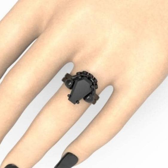 My Ever After Ring with Coffin Cut Diamond with Skulls, Bat and Roses Promise Ring