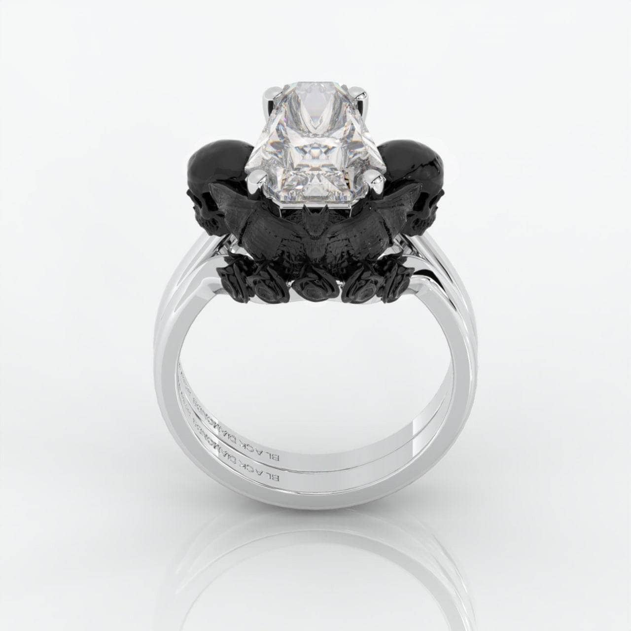 My Ever After Ring with Coffin Cut Diamond with Skulls, Bat and Roses Promise Ring