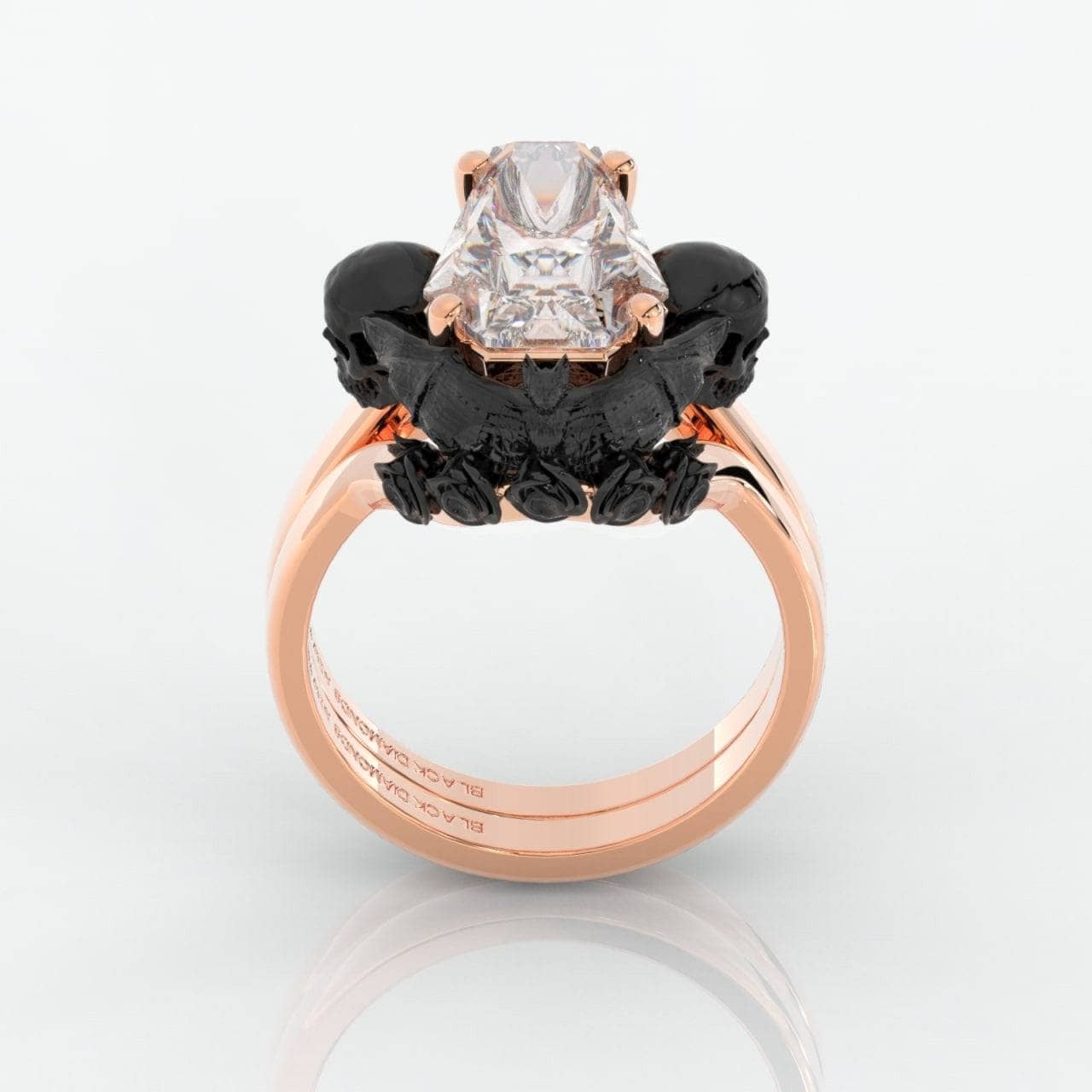 My Ever After Ring with Coffin Cut Diamond with Skulls, Bat and Roses Promise Ring