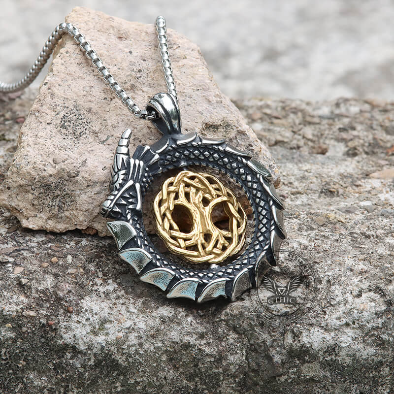 Ouroboros Tree of Life Stainless Steel Spinner Pendant