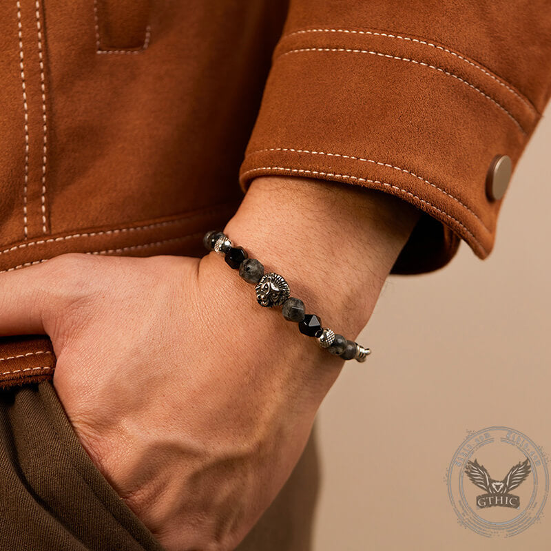 Punk Lion Stainless Steel Stone Beaded Bracelet