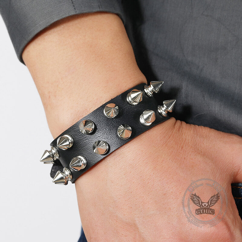 Punk Rock 2 Row Spiked Leather Bracelet