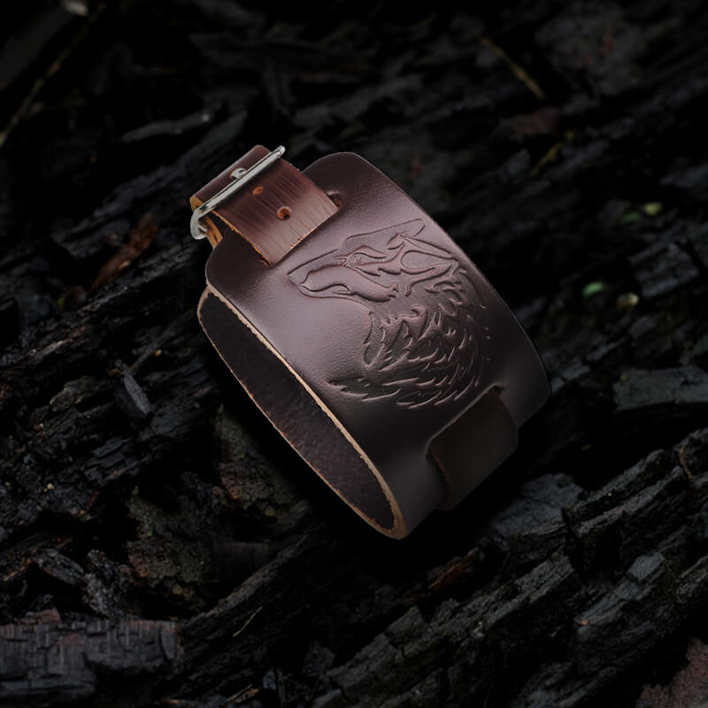 Punk Wolf Head Embossed Leather Bracelet