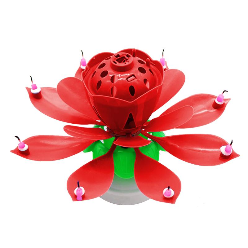 Red "Happy Birthday" Singing Musical Flower Candle - Rotating Party Light Magical Lotus Music Cake Candles