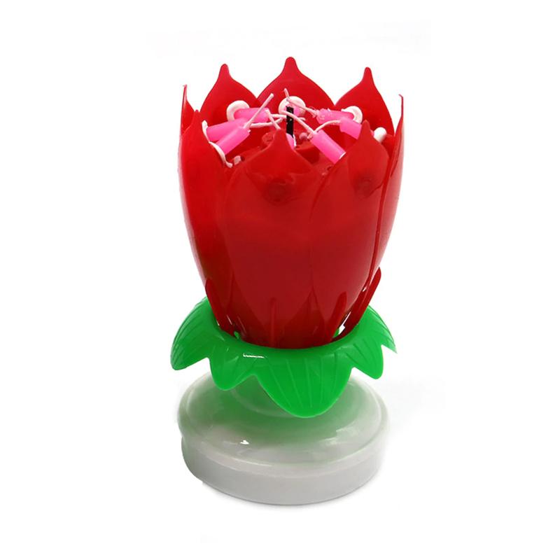 Red "Happy Birthday" Singing Musical Flower Candle - Rotating Party Light Magical Lotus Music Cake Candles