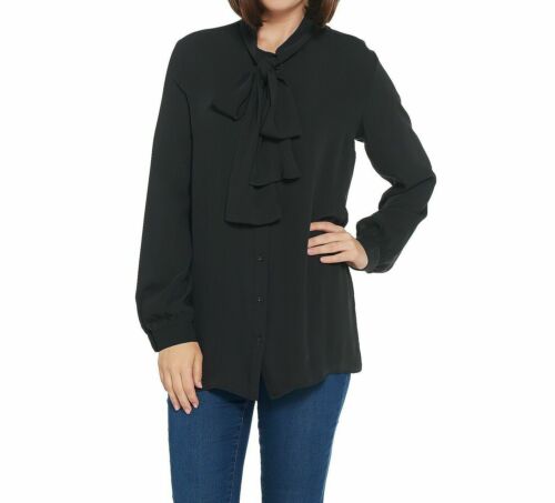 MARTHA STEWART Woven Front Button Blouse Top Tie Neck Women's Sz M Black (New)