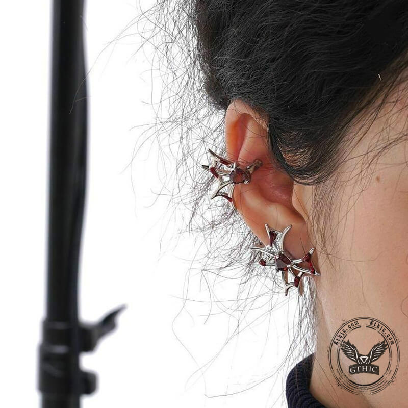Silver Bat Red Zircon Elf Ear Cuffs