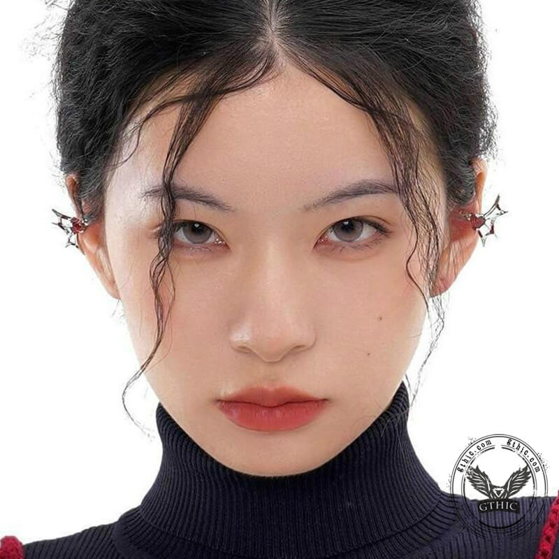 Silver Bat Red Zircon Elf Ear Cuffs