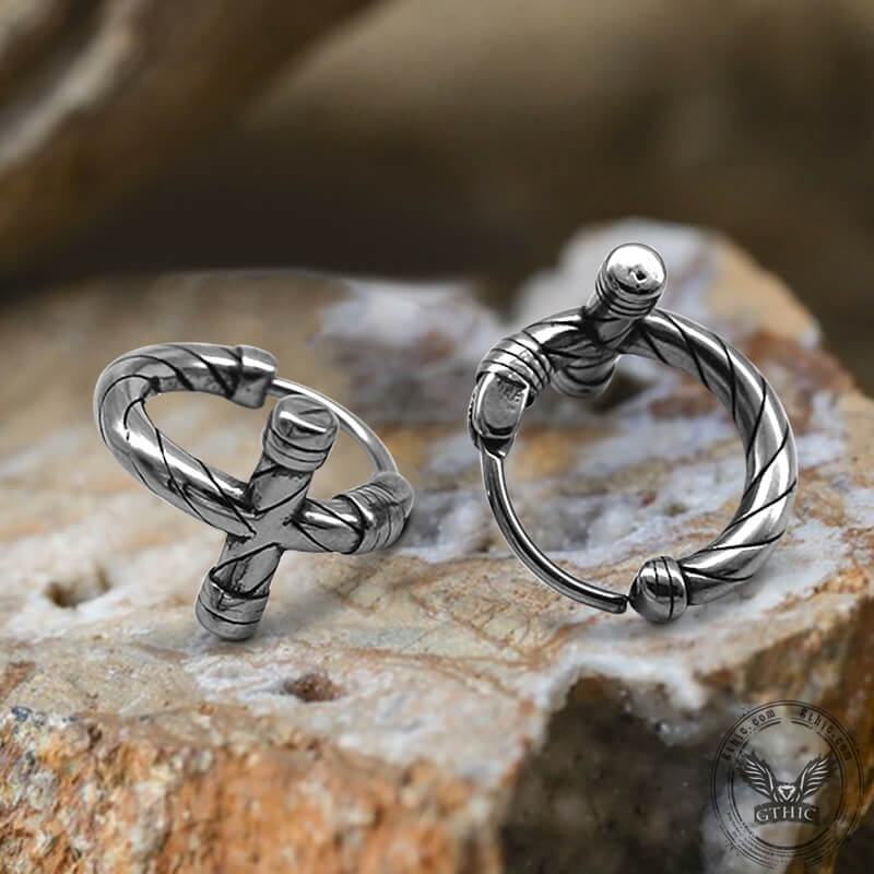 Simple Lines Stainless Steel Cross Hoop Earrings