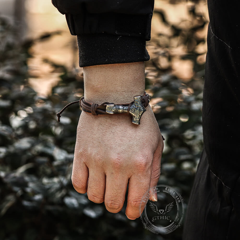 Thor’s Hammer Stainless Steel Leather Viking Bracelet