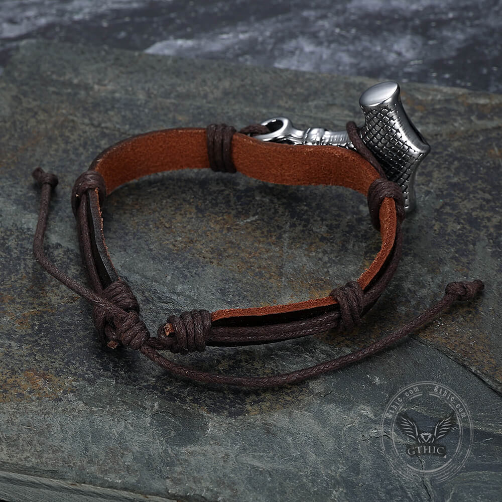 Thor’s Hammer Stainless Steel Leather Viking Bracelet