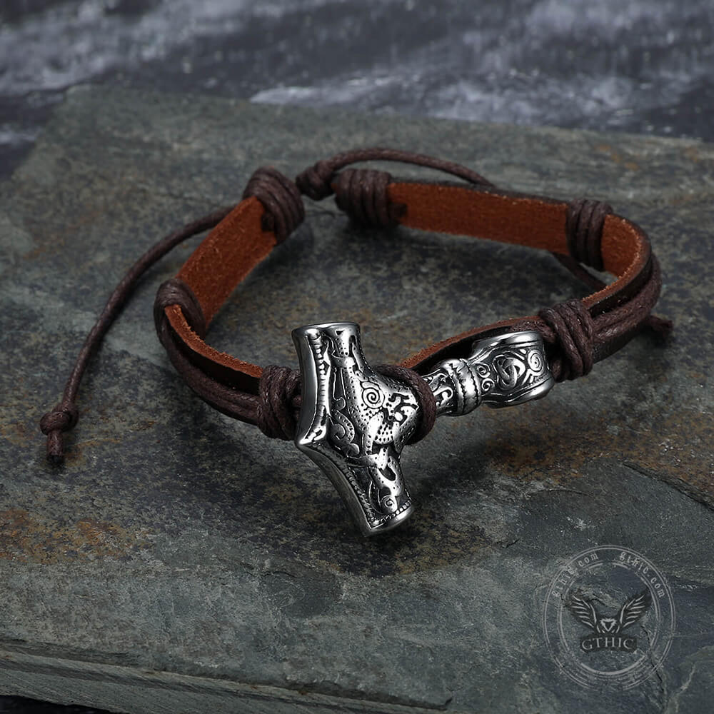 Thor’s Hammer Stainless Steel Leather Viking Bracelet