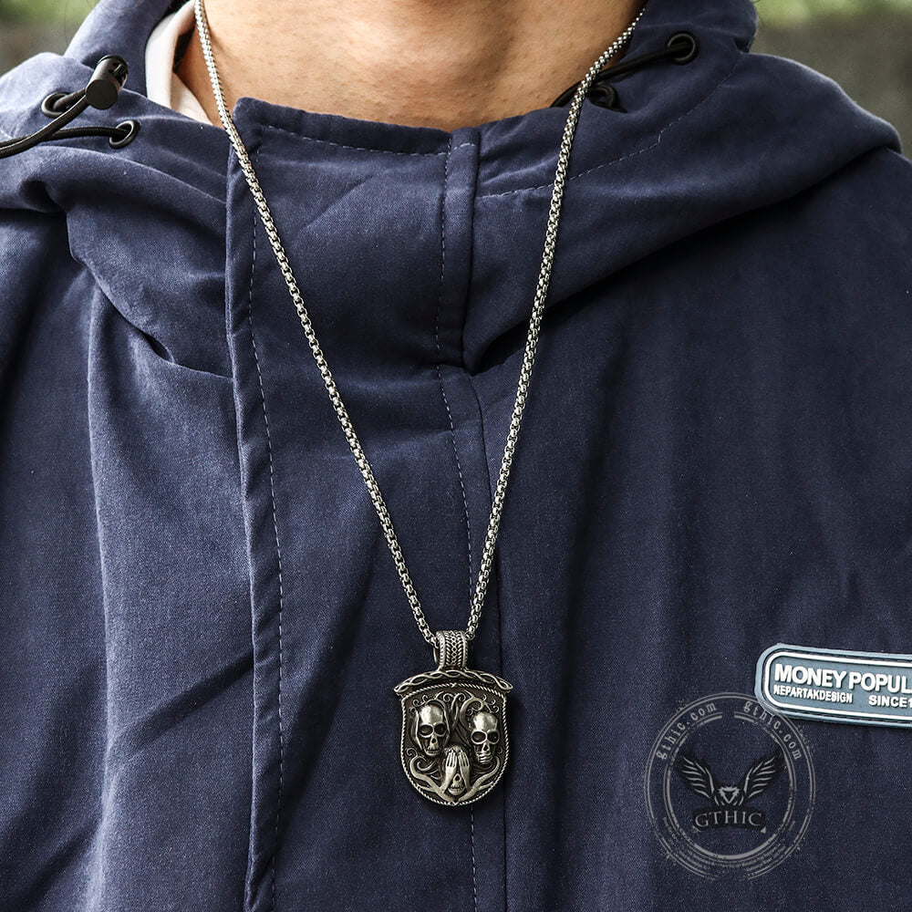 Three Senses Shield Pure Tin Skull Necklace