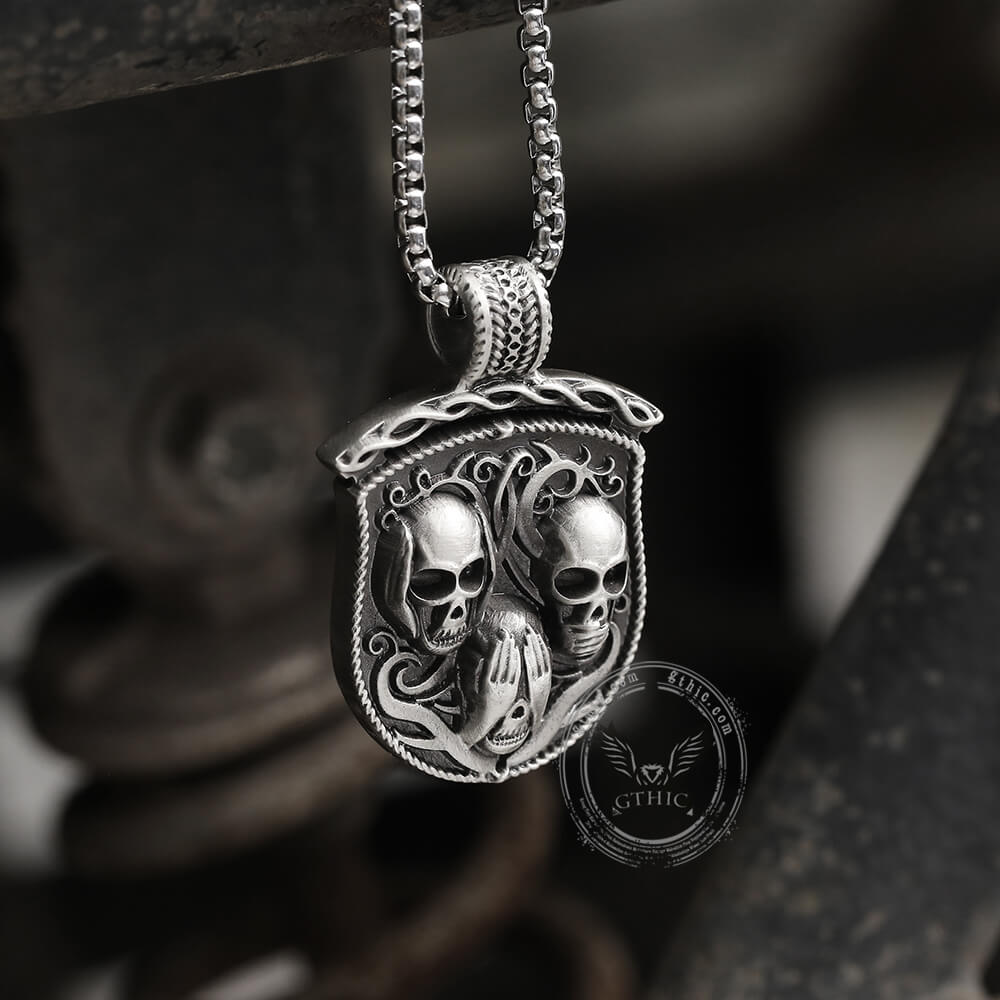 Three Senses Shield Pure Tin Skull Necklace