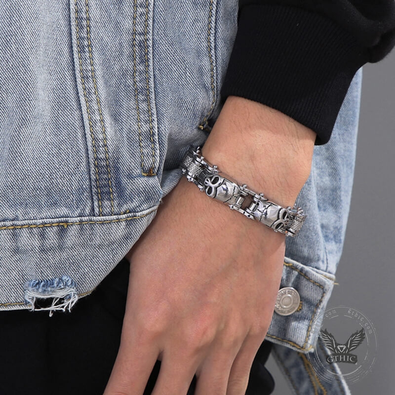 Two Skulls Stainless Steel Biker Bracelet