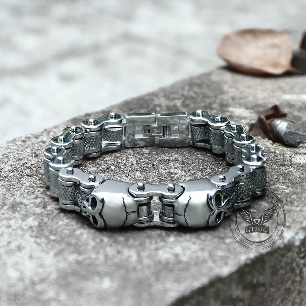 Two Skulls Stainless Steel Biker Bracelet