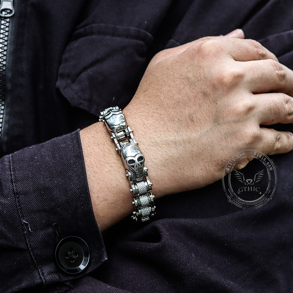 Two Skulls Stainless Steel Biker Bracelet