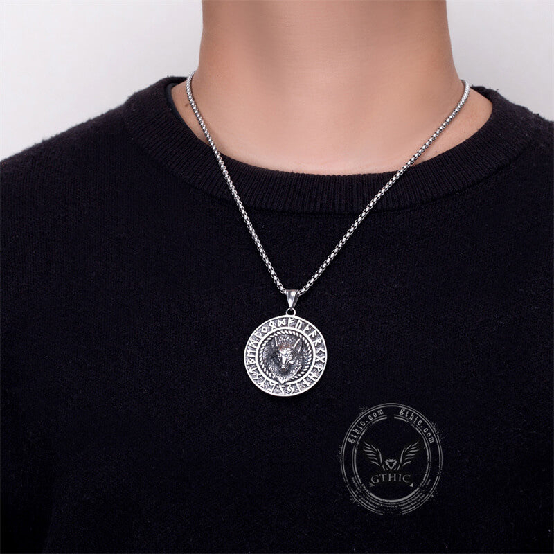 Viking Runes Wolf Head Stainless Steel Necklace