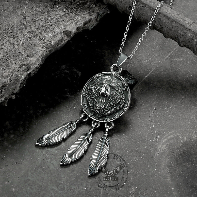 Vintage Feather Bear Head Stainless Steel Animal Pendant